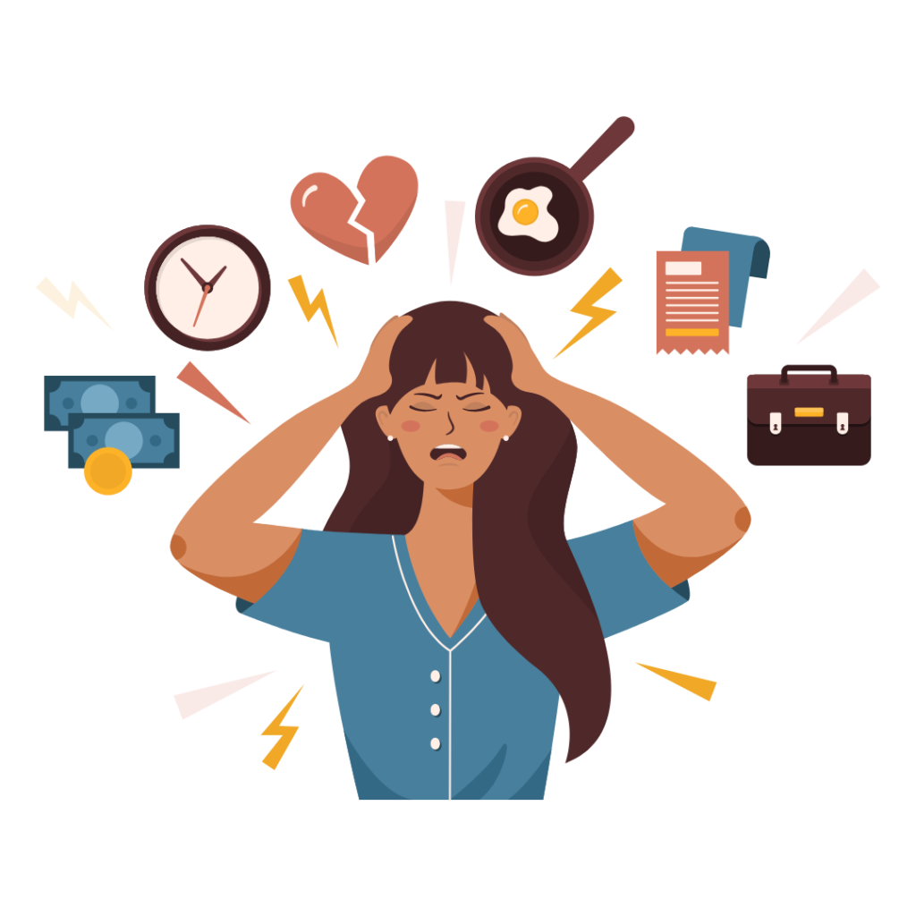 Woman in distress. Hands on head in visible pain surrounded by thunderbolts and a variety of life stressors. Broken heart, frying pan with egg in it, money notes and coins, brief case.