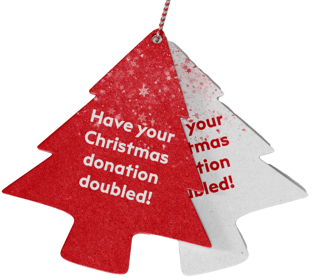 'Have your donation doubled!" car fresheners in the shape of Christmas trees.